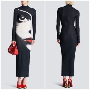 Balmain Bodycon Long Dress with Face Print Stretch Hourglass Black Sz 34